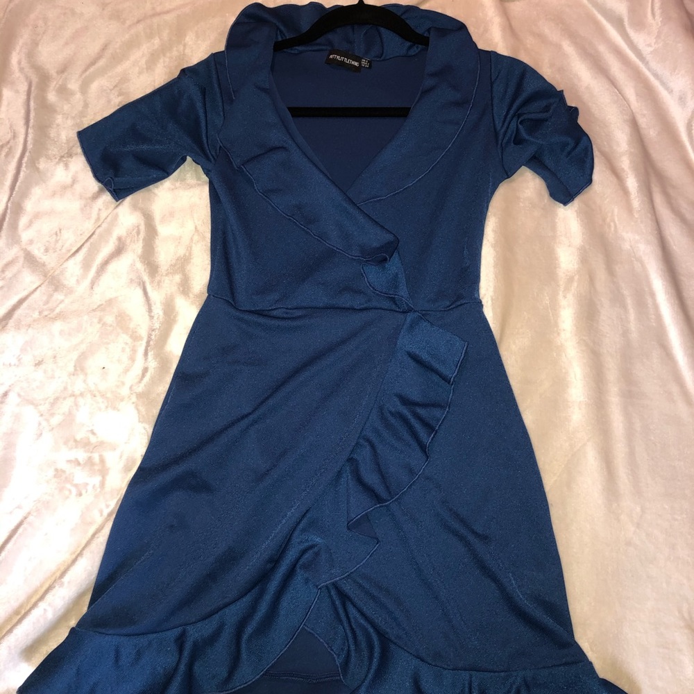 PLT blue ruffled body con dress